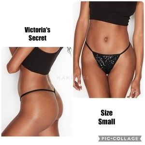 VS Pure Black Very Sexy Low Rise Sequin Bling V-String Thong Panty Small NEW